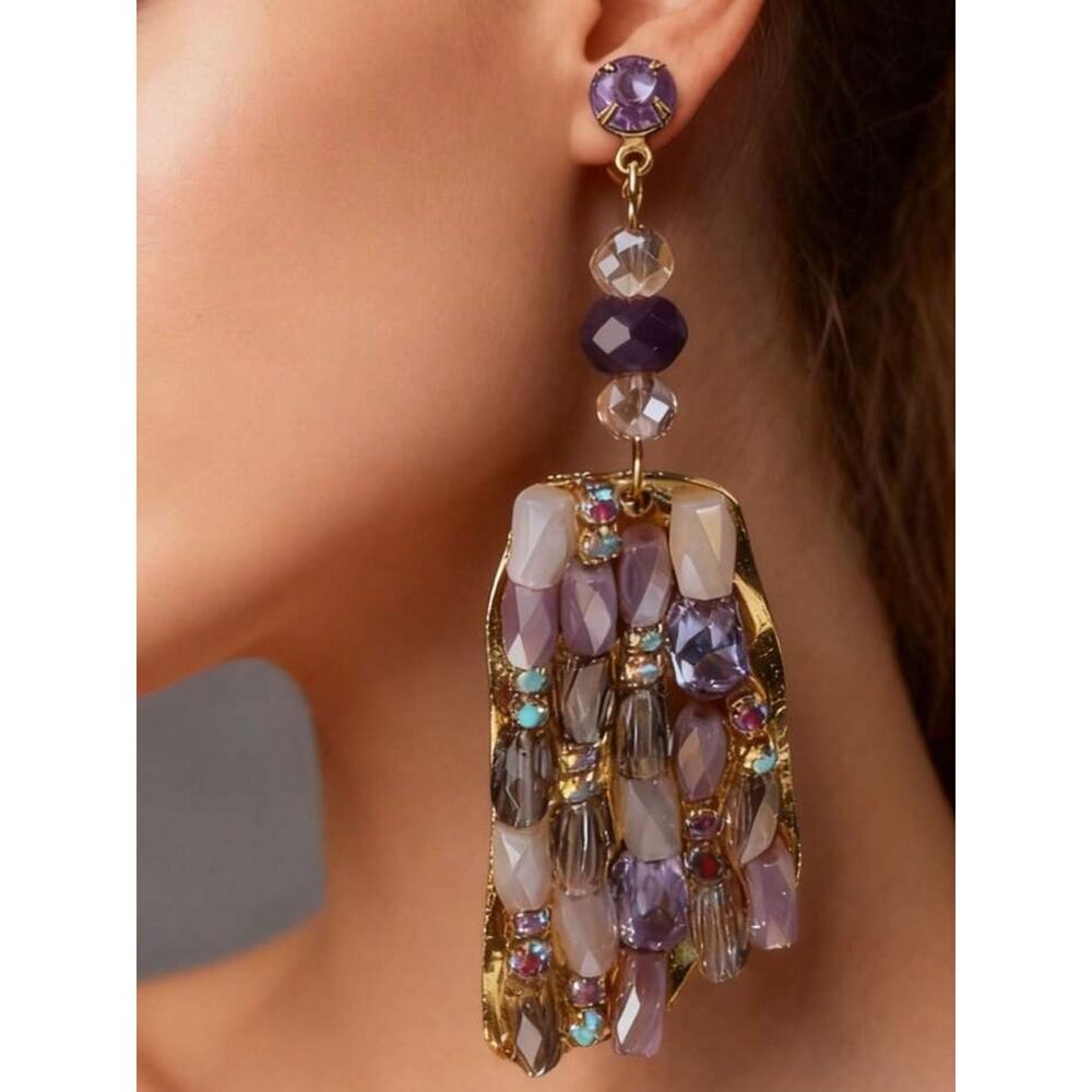 Boho Stone Dangle Earrings Gold Multicolor Statement Beaded Fringe Drop